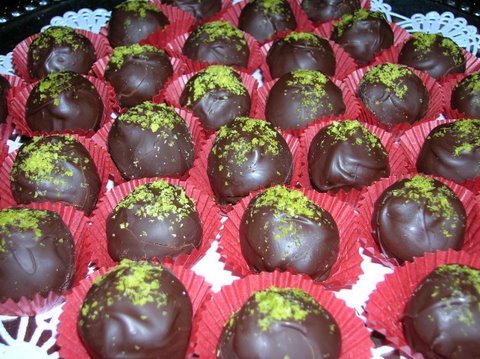 A closeup image of pistachio truffles